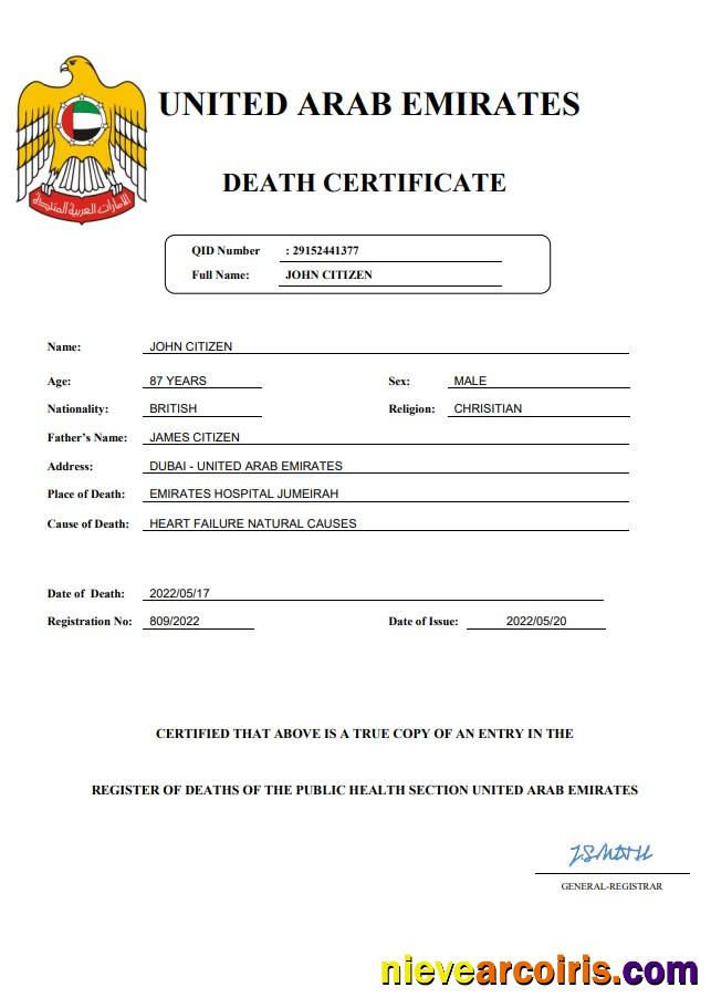 UAE vital record death certificate